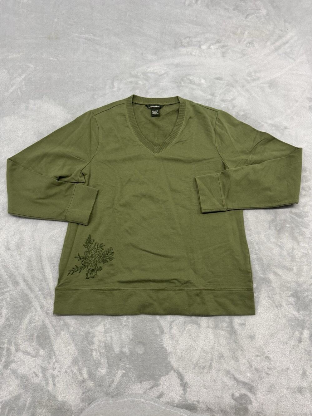 Eddie Bauer Womens Green V Neck Long Sleeve Embroidered Floral T Shirt Large